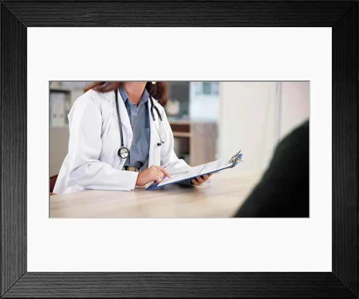 Framed Print : Hands, person and doctor with clipboard in hospital for assessment Framed Print : Hands, person and doctor with clipboard in hospital for assessment