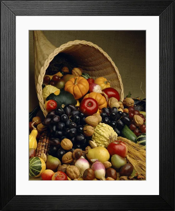 Framed Print : Close-up of assorted fruits and vegetables in a basket