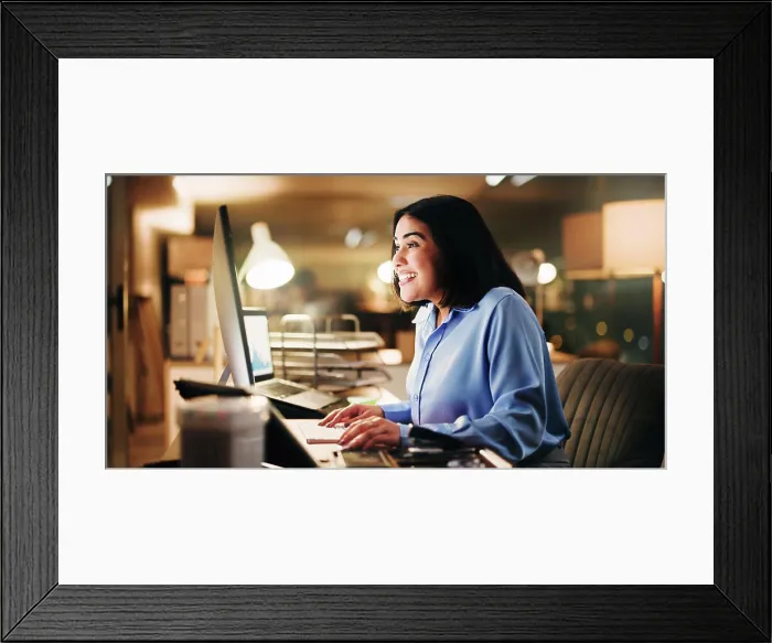 Framed Print : Excited, employee and woman with computer