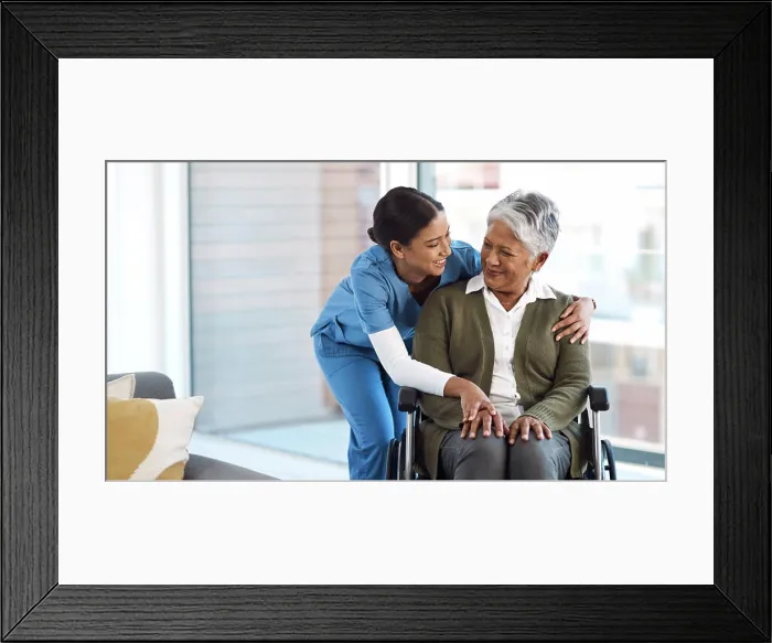 Framed Print : Hug, nurse with senior woman in wheelchair and talking for support Framed Print : Hug, nurse with senior woman in wheelchair and talking for support