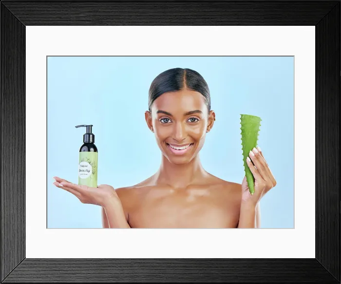 Framed Print : Woman, aloe vera and skincare in studio portrait with smile Framed Print : Woman, aloe vera and skincare in studio portrait with smile