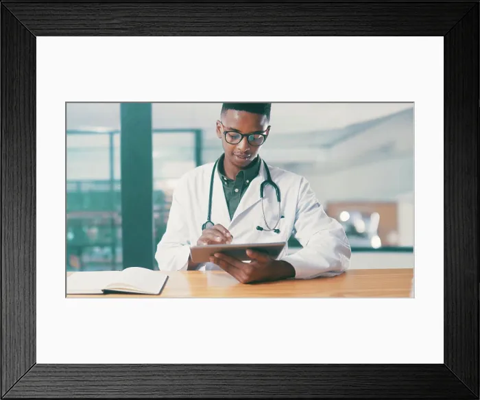 Framed Print : Tablet, black man and doctor in hospital with medical research for treatment planning Framed Print : Tablet, black man and doctor in hospital with medical research for treatment planning