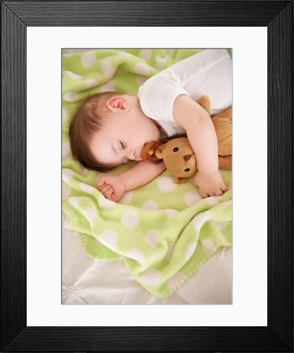 Framed Print : Baby, sleeping and home with teddy bear Framed Print : Baby, sleeping and home with teddy bear