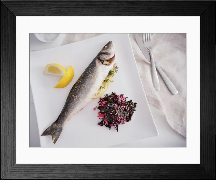 Framed Print : fish dinner with lemon, cooked chard and quinoa Framed Print : fish dinner with lemon, cooked chard and quinoa