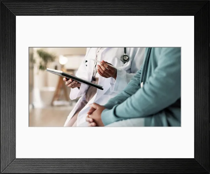 Framed Print : Tablet, hands and patient with doctor for consultation with cold Framed Print : Tablet, hands and patient with doctor for consultation with cold