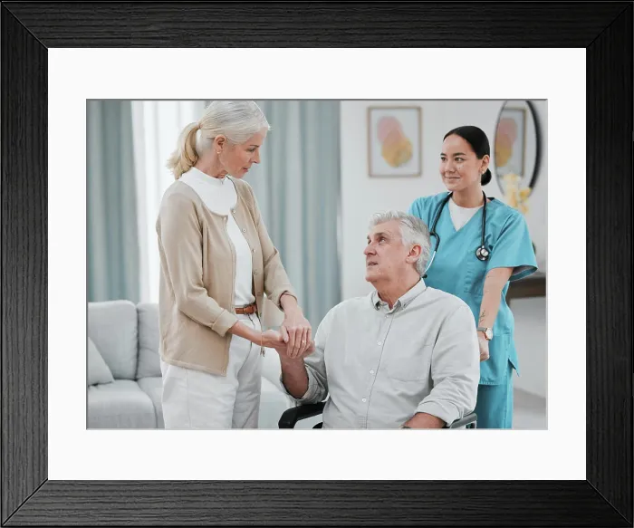 Framed Print : Disability, nurse or old couple holding hands in rehabilitation for support Framed Print : Disability, nurse or old couple holding hands in rehabilitation for support