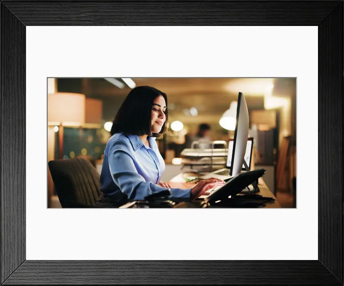 Framed Print : Computer, night and tablet with business woman at desk in office for online planning or research Framed Print : Computer, night and tablet with business woman at desk in office for online planning or research