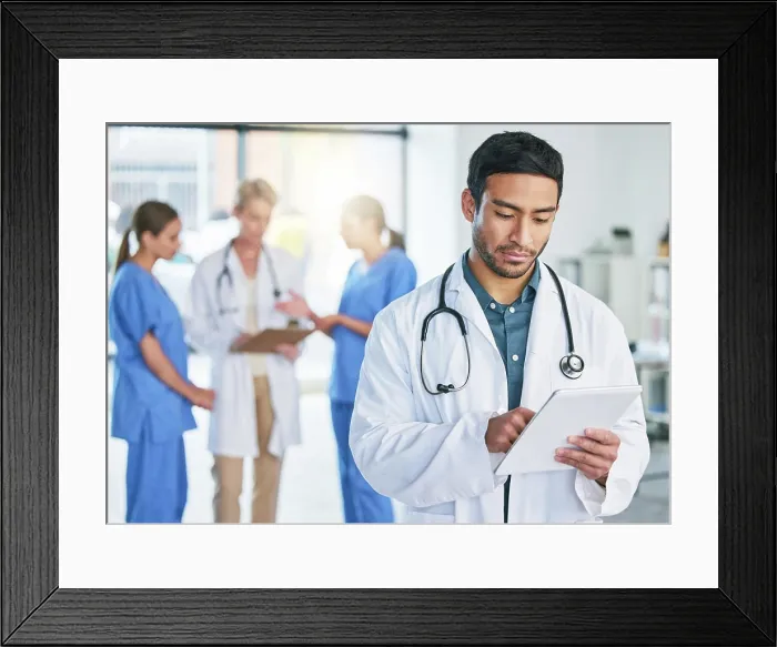 Framed Print : Medical, doctor and tablet with man in hospital for digital report Framed Print : Medical, doctor and tablet with man in hospital for digital report