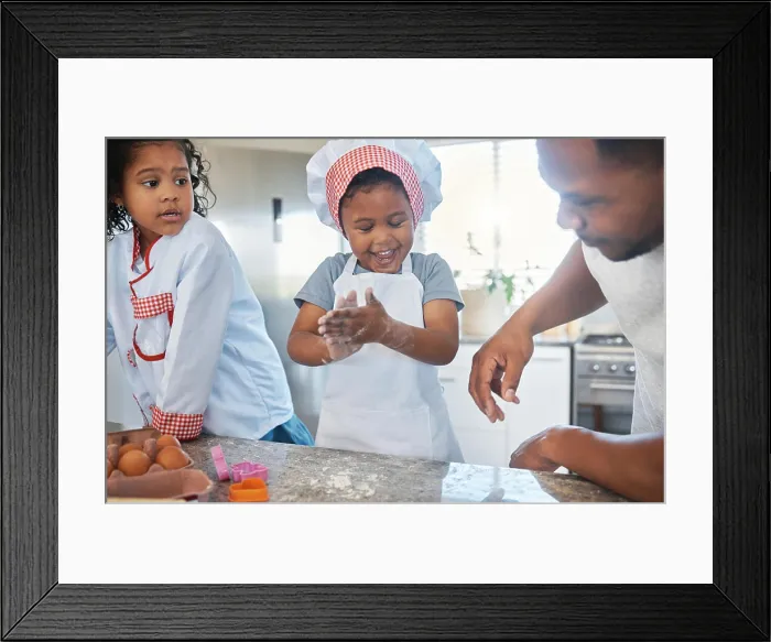 Framed Print : Baking, flour and dad with kids in kitchen for cake Framed Print : Baking, flour and dad with kids in kitchen for cake