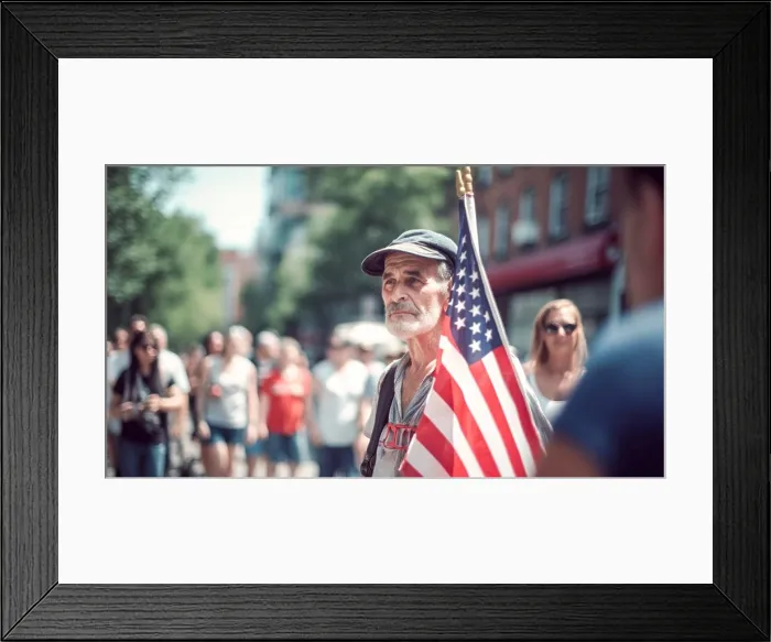 Framed Print : People holding the USA Flags celebrating July 4th Independence Day. Generative Ai