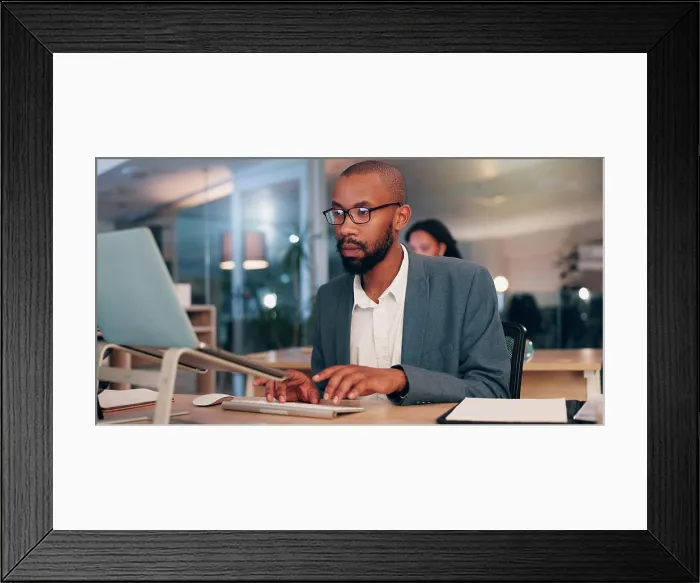 Framed Print : African man, computer and typing at office Framed Print : African man, computer and typing at office