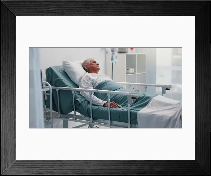 Framed Print : Sick, healthcare and senior man in hospital bed Framed Print : Sick, healthcare and senior man in hospital bed