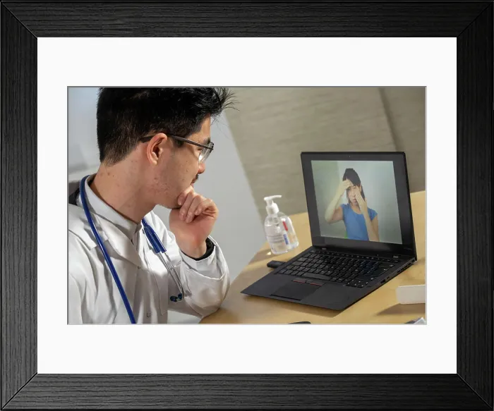 Framed Print : Doctor in remote consultation with 30 year old female patient with sinus pain Framed Print : Doctor in remote consultation with 30 year old female patient with sinus pain