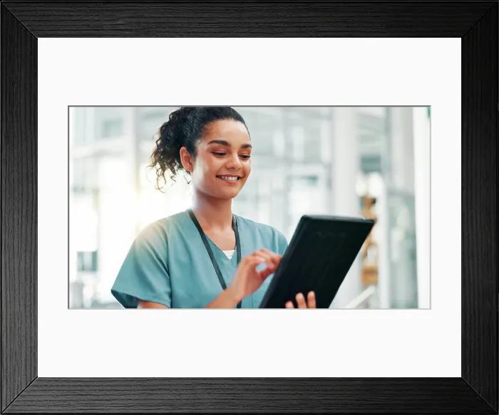 Framed Print : Clinic, woman and nurse with tablet for research