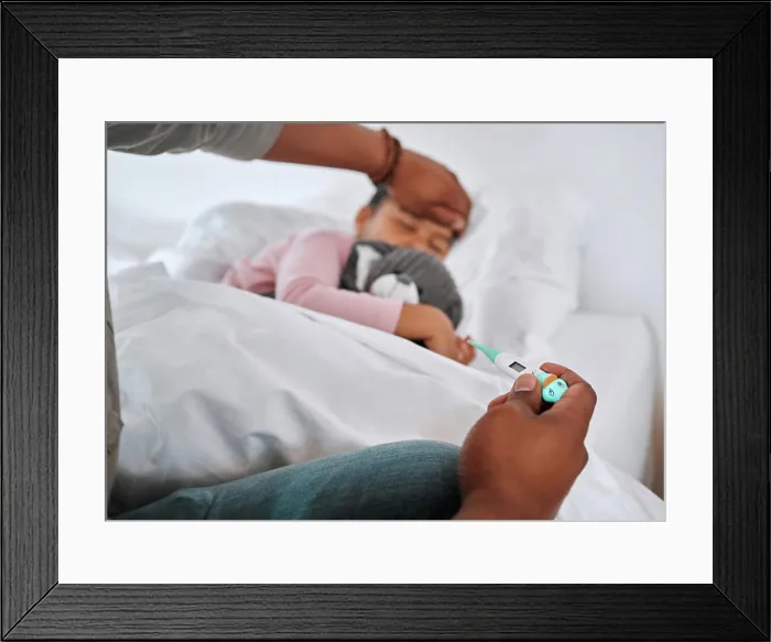 Framed Print : Father, child and thermometer for symptoms of fever Framed Print : Father, child and thermometer for symptoms of fever