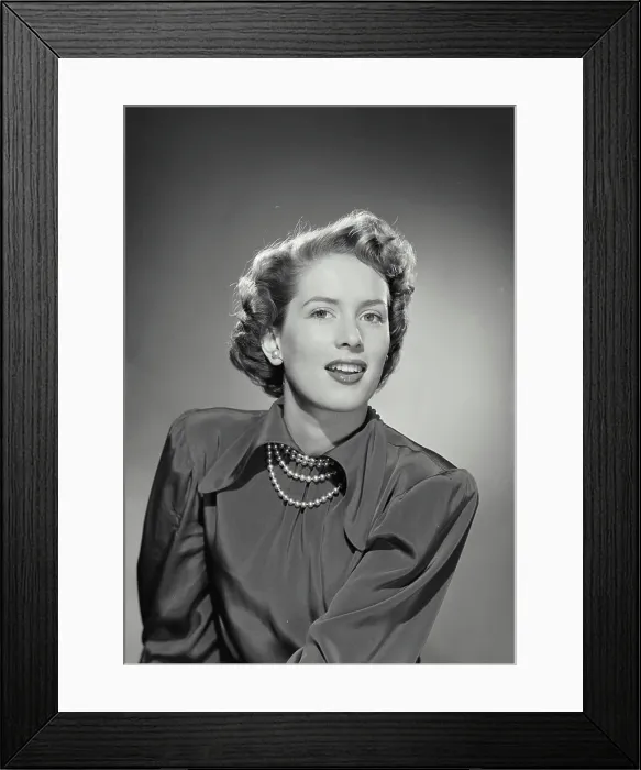 Framed Print : Vintage photograph. Woman wearing silk blouse and pearl necklace
