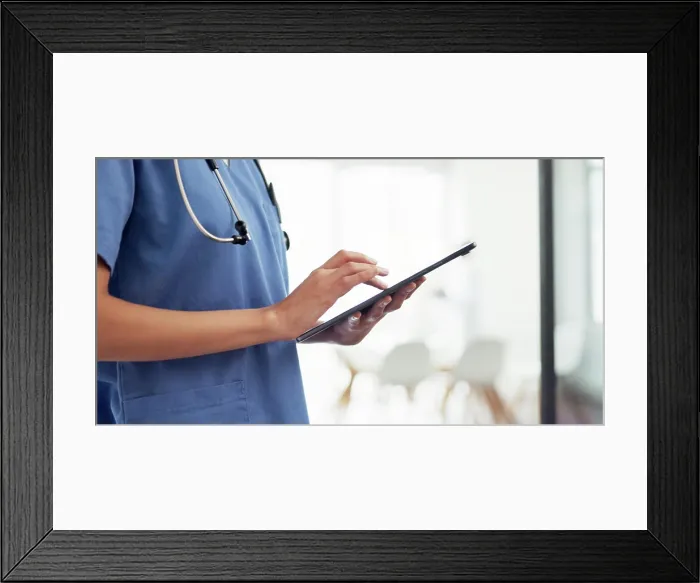 Framed Print : Woman, doctor and hands with tablet in research Framed Print : Woman, doctor and hands with tablet in research