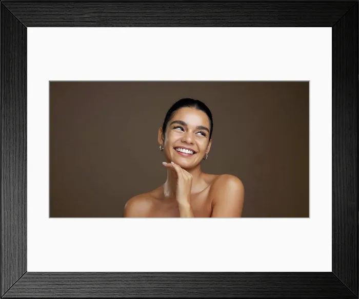 Framed Print : Thinking, woman and happy with skincare Framed Print : Thinking, woman and happy with skincare