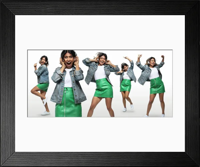 Framed Print : Composite portrait of woman wearing headphones and dancing on white background Framed Print : Composite portrait of woman wearing headphones and dancing on white background