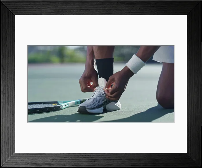 Framed Print : Fitness, shoes and tie with person on tennis court for start of game Framed Print : Fitness, shoes and tie with person on tennis court for start of game