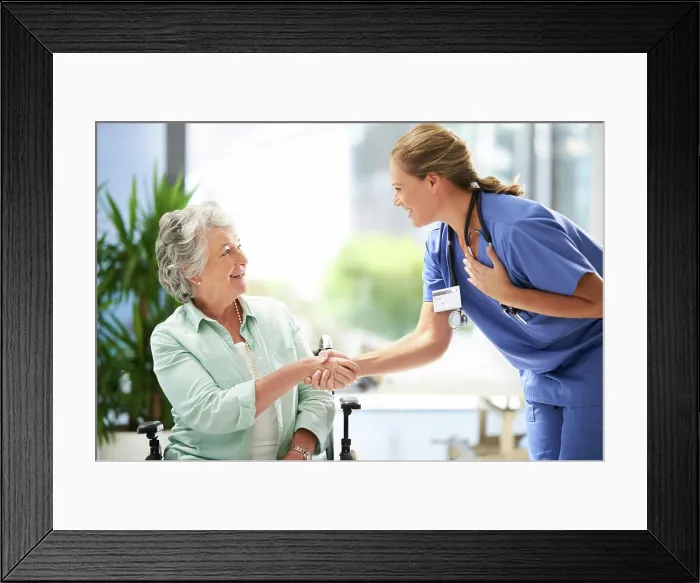 Framed Print : Handshake, nurse and senior advice in wheelchair with medical results and surgery success news