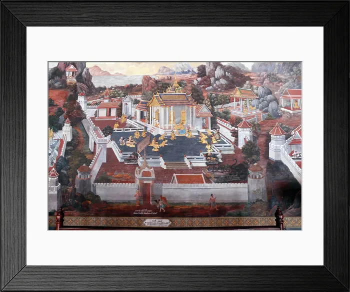Framed Print : Wat Phra Kaew temple. Scene from the Ramakien (Thai Ramayana) in a mural. Painting. Bangkok. Thailand