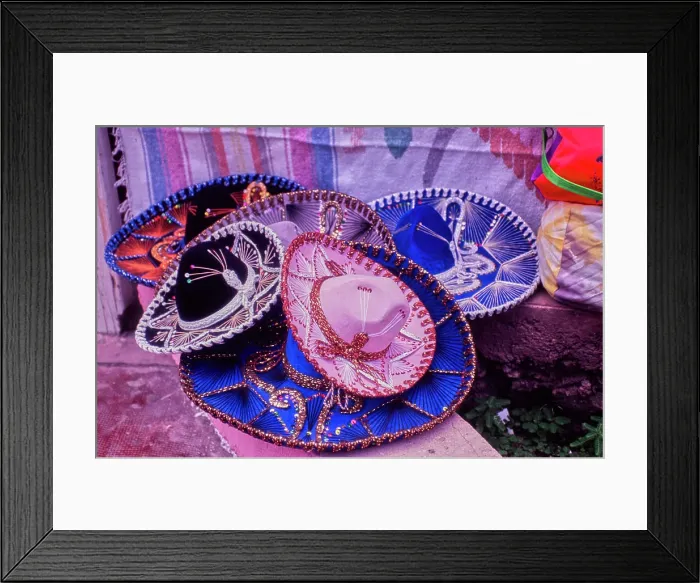 Framed Print : Vintage Photograph. Vibrant Mexican sombreros showcasing traditional craftsmanship