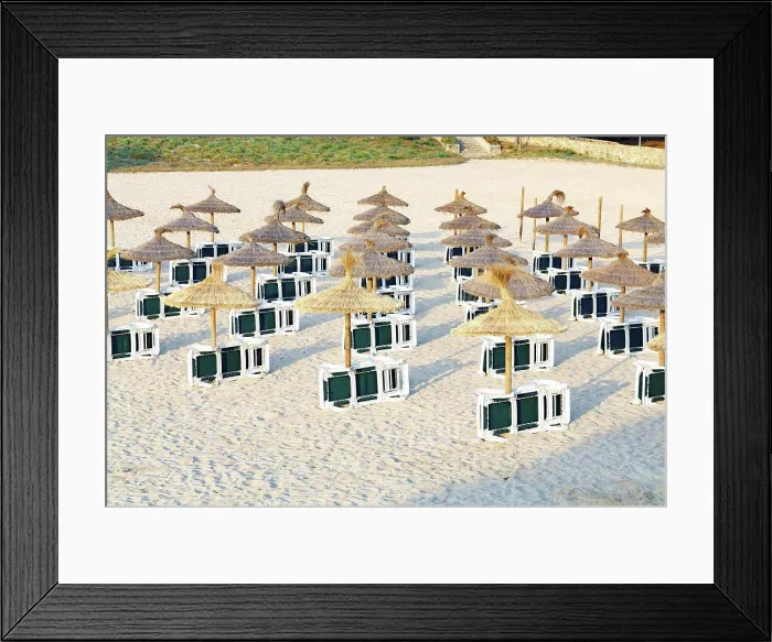 Framed Print : Sunbeds and umbrellas on sandy beach Framed Print : Sunbeds and umbrellas on sandy beach