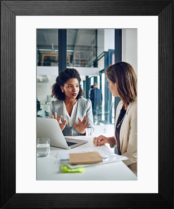 Framed Print : Laptop, meeting and business women in office for consulting Framed Print : Laptop, meeting and business women in office for consulting