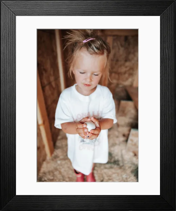 Framed Print : Girl, 4years, holds chicken egg in coop carefully