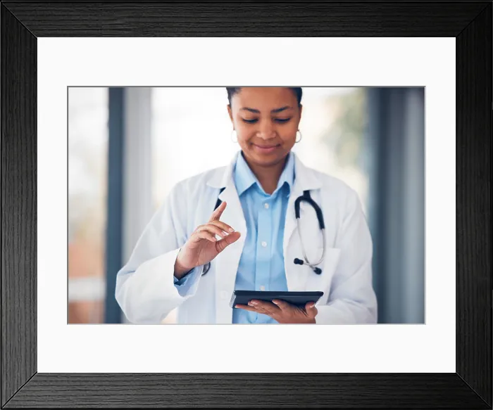 Framed Print : Finger, doctor and woman with tablet in hospital for user interface Framed Print : Finger, doctor and woman with tablet in hospital for user interface