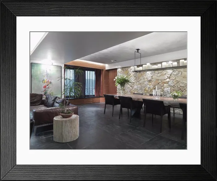 Framed Print : Modern great room with slate tile floor and a stone wall Framed Print : Modern great room with slate tile floor and a stone wall