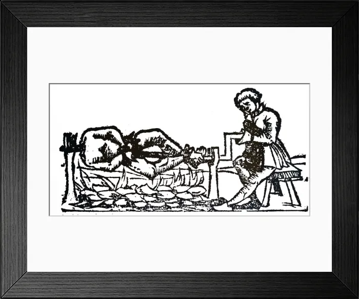 Framed Print : A woodcut engraving depicting the practice of Cannibalism: a man is cooking a human body on a spit. Dated 16th century Framed Print : A woodcut engraving depicting the practice of Cannibalism: a man is cooking a human body on a spit. Dated 16th century
