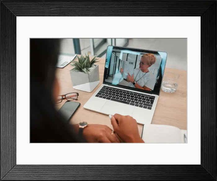 Framed Print : Video call, laptop and online meeting
