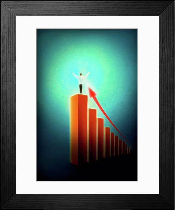 Framed Print : Illustration of businessman standing on bar graph Framed Print : Illustration of businessman standing on bar graph