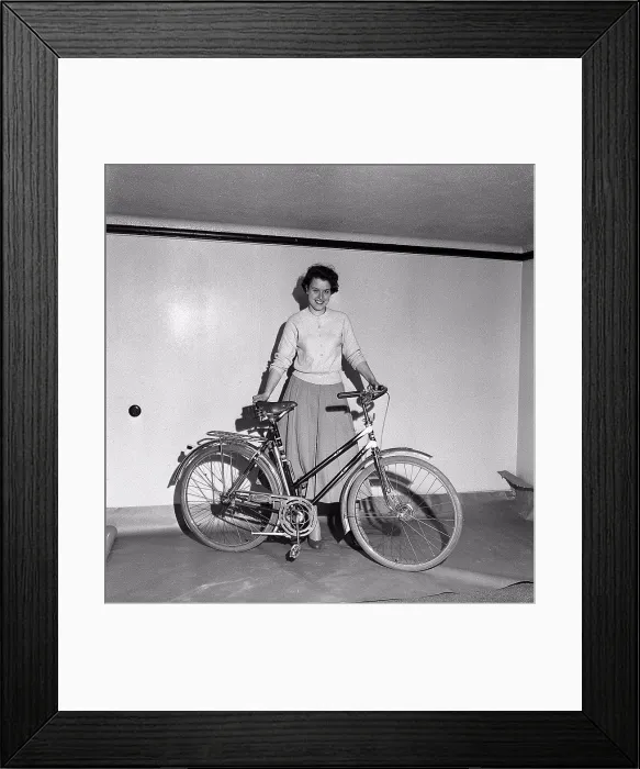 Framed Print : 1950s bicycle. A young women with a brand new womens Crescent bicycle. Sweden 1956 ref CV15-9 Framed Print : 1950s bicycle. A young women with a brand new womens Crescent bicycle. Sweden 1956 ref CV15-9