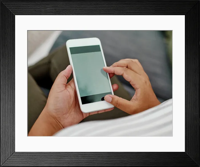Framed Print : Screen, hands and mockup in office with smartphone for social network Framed Print : Screen, hands and mockup in office with smartphone for social network