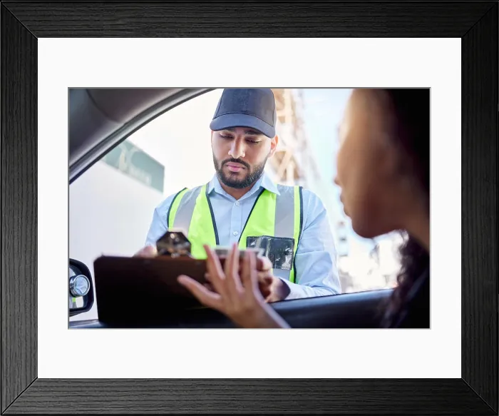 Framed Print : Woman, driving and traffic officer with ticket by car for speeding
