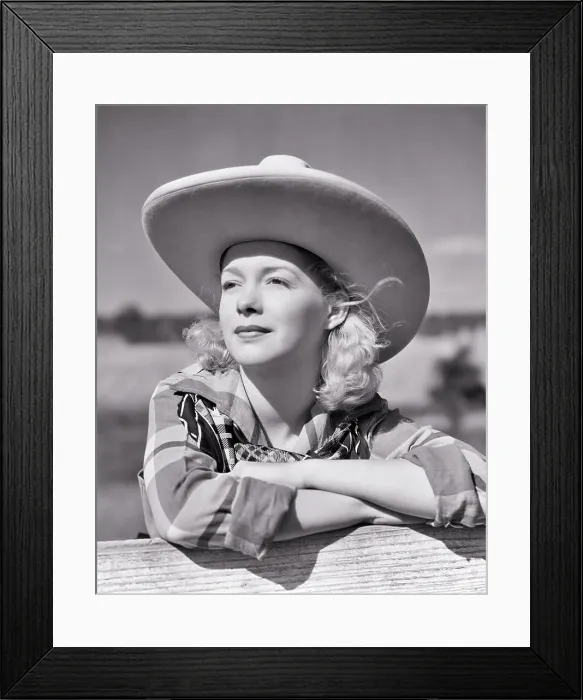 Framed Print : 1940s BLONDE COWGIRL WEARING BIG BRIMMED COWBOY HAT LEANING ON FENCE WEARING PLAID SHIRT BANDANA THOUGHTFUL FACIAL Framed Print : 1940s BLONDE COWGIRL WEARING BIG BRIMMED COWBOY HAT LEANING ON FENCE WEARING PLAID SHIRT BANDANA THOUGHTFUL FACIAL