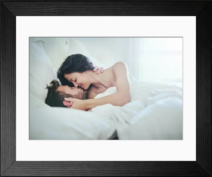 Framed Print : Love, morning and happy couple in bed with kiss