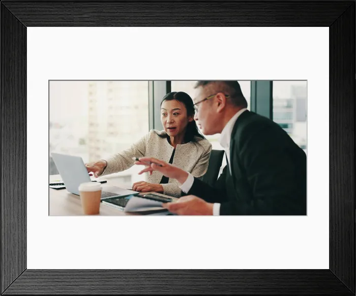 Framed Print : Japanese, lawyers or people on laptop in meeting with schedule Framed Print : Japanese, lawyers or people on laptop in meeting with schedule