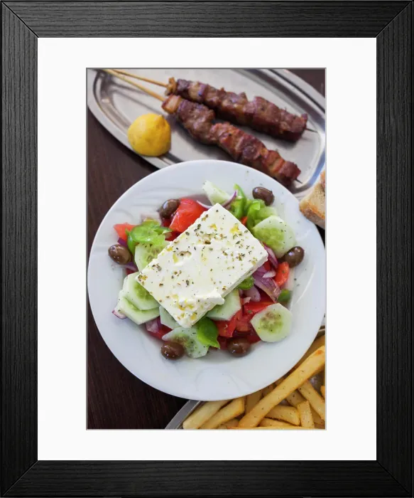 Framed Print : Greece, Peloponnese, Corinth, Greek Salad and Souvlaki with French Fries Framed Print : Greece, Peloponnese, Corinth, Greek Salad and Souvlaki with French Fries