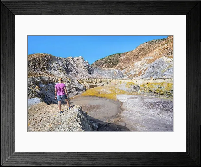 Framed Print : Young tourist at a crater, volcano caldera with pumice fields Framed Print : Young tourist at a crater, volcano caldera with pumice fields