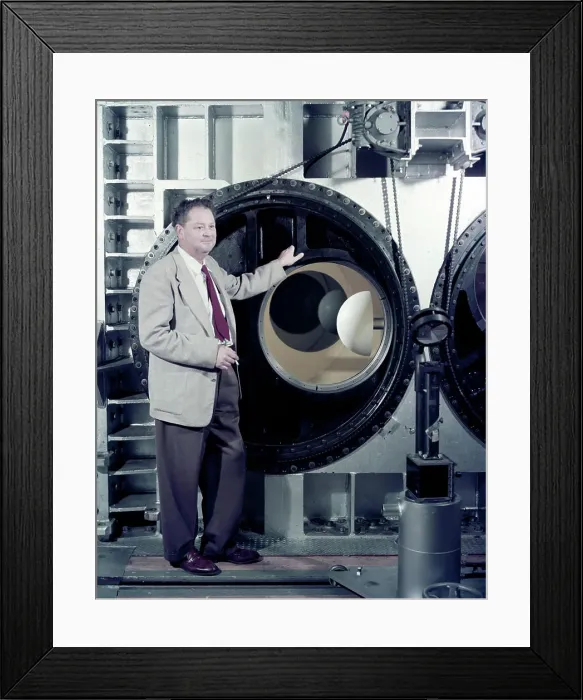 Framed Print : H. Julian Harvey Allen in front of the NASA Ames 8_x_7 foot Supersonic Wind Tunnel test section