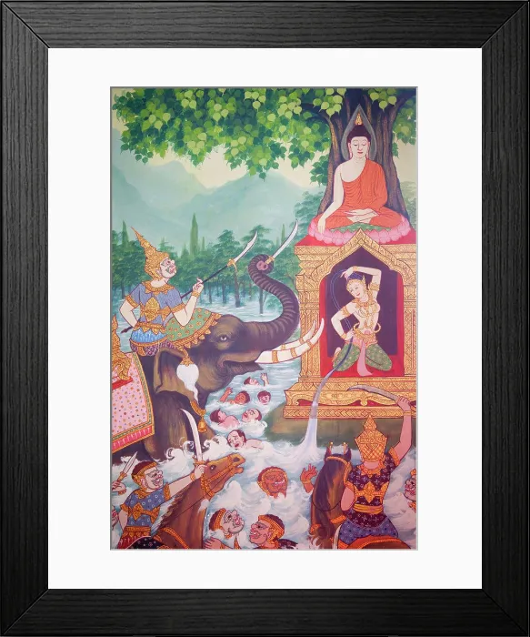 Framed Print : Detail of wall art depicting life of the Buddha in Wat Chana Songkhram, Khaosan Road, Bangkok, Thailand Framed Print : Detail of wall art depicting life of the Buddha in Wat Chana Songkhram, Khaosan Road, Bangkok, Thailand