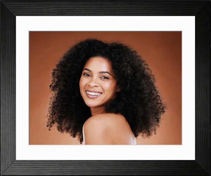 Framed Print : Black woman afro, beauty and smile for skincare