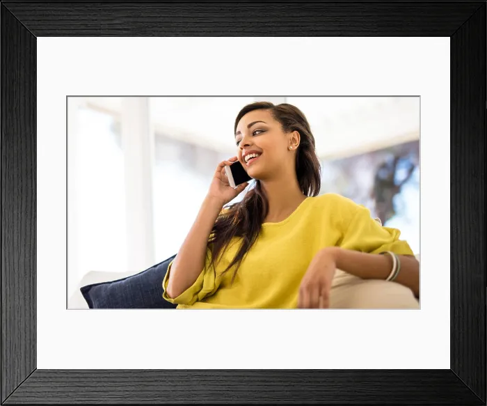 Framed Print : Talking, phone call and woman on sofa with mobile in living room for conversation Framed Print : Talking, phone call and woman on sofa with mobile in living room for conversation