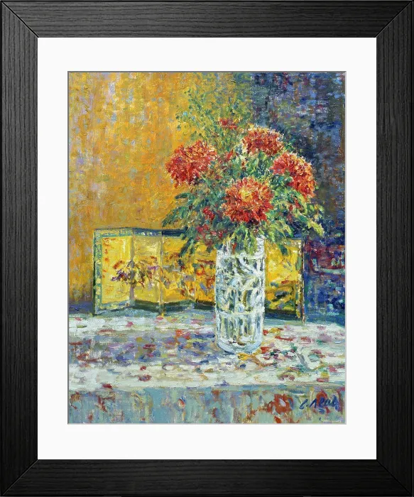 Framed Print : Still Life, Red and Gold Chrysanthemums with 1930's Pressed Glass Vase Charles Neal (b.1951 British) Oil On Canvas