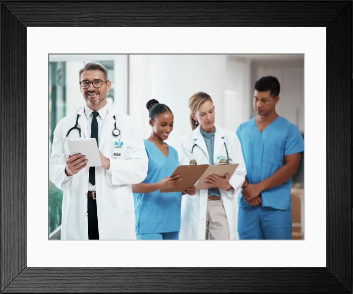 Framed Print : Portrait of a happy leader in a group of doctors and nurses planning surgery at the hospital Framed Print : Portrait of a happy leader in a group of doctors and nurses planning surgery at the hospital