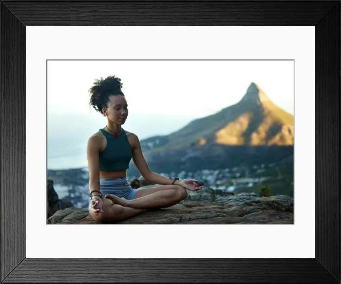 Framed Print : Woman, mediation and yoga on a mountain with wellness in cape town for fitness and health Framed Print : Woman, mediation and yoga on a mountain with wellness in cape town for fitness and health